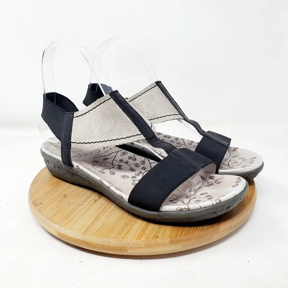 Wonders Fly Sandals Womens 37 Black‎ Grey Low Wedge Elastic Strap Comfort Shoes